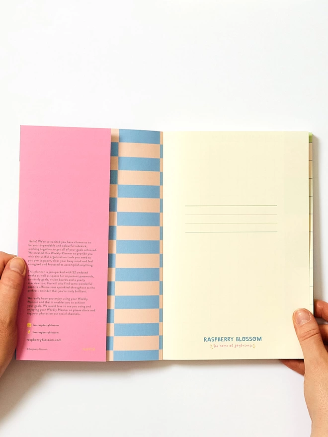 Handy and vibrant flap on front cover can be used as a book mark, inside cover is blue and cream rectangle check pattern