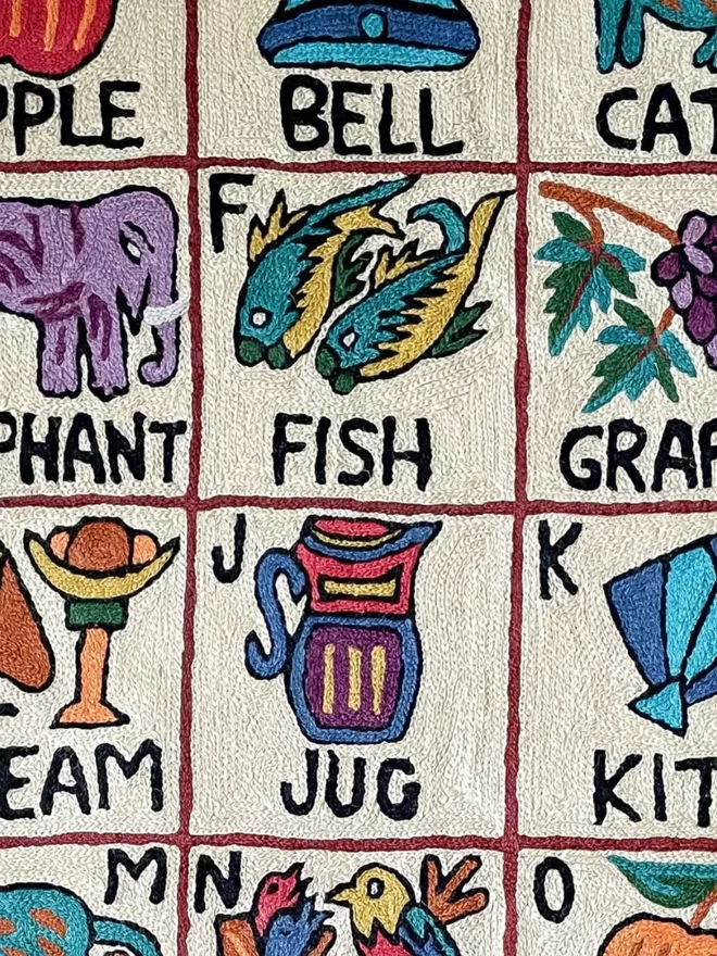 Moppet hand-embroidered alphabet abc tapestry Nishat close up