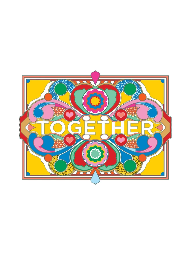 A landscape print on a white background with dark blue linework and green, blue red pink and gold sections. Across the centre of the image is written ‘TOGETHER’.