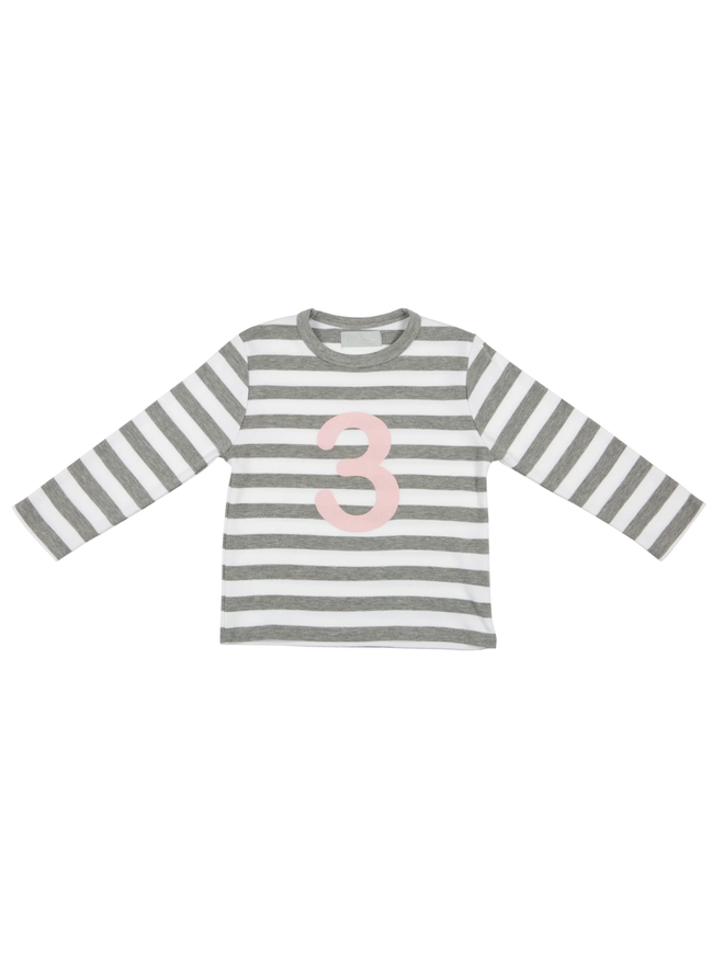 Grey Marl & White Striped Number 3 T Shirt (Mallow Pink)