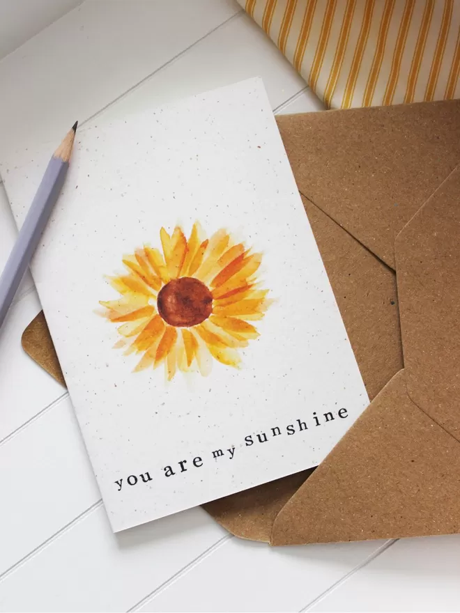 'You Are My Sunshine' Card laying on Kraft envelope