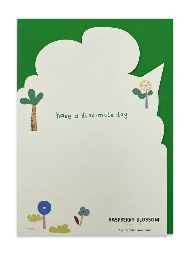The reverse of the card has a ‘Have a dino-mite day’ caption with a large space for your own joyful birthday message