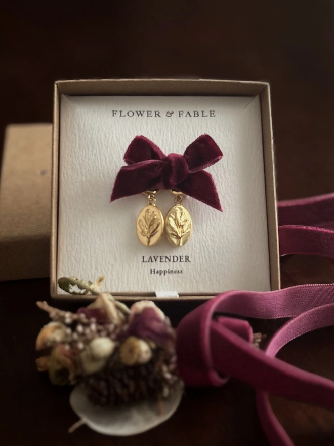 Sterling Silver Lavender flower charm huggie hoop earrings in a flower & fable box with gift packaging