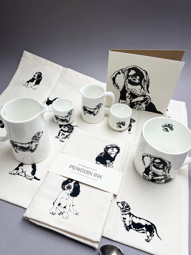 Dachshund and puppies collection includes mug, jugs, egg cup, cards and tea towel perfect for gifting 
