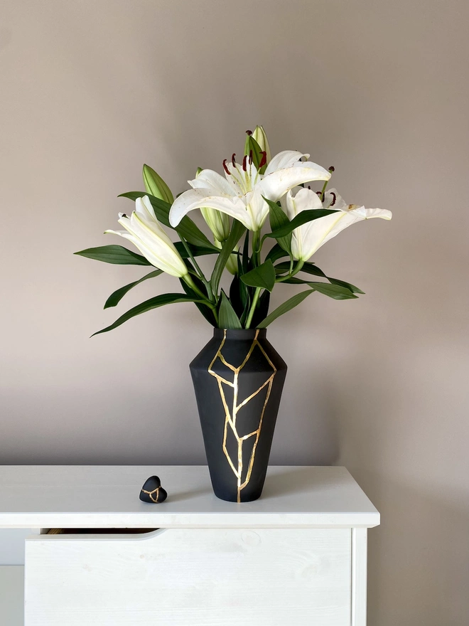 Large black kintsugi vase