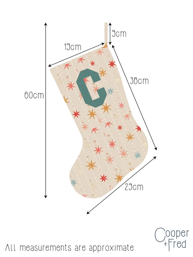 Cooper and Fred Stars Personalised Christmas Stocking measurements