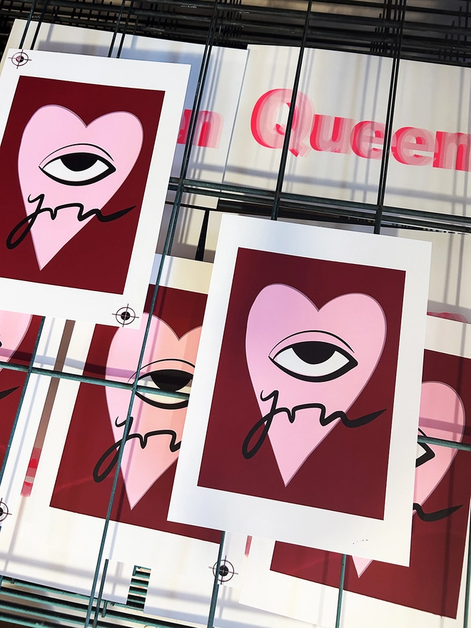 Eye Love You, Screen Printed by Hannah Carvell, Pink, Burgundy