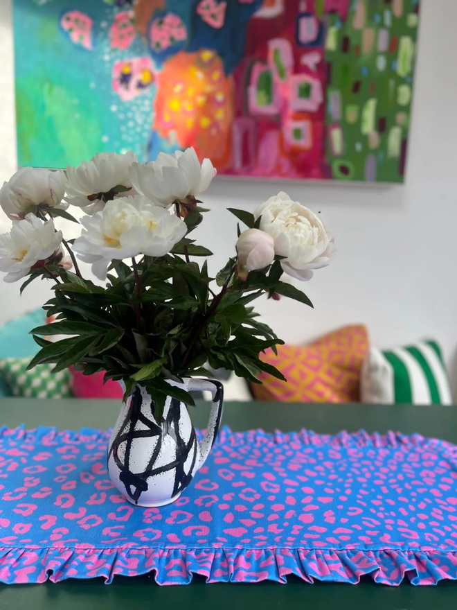 blue pink leopard print table runner