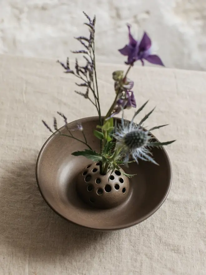 brown stoneware flower bowl