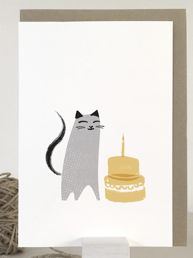 Cat With Cake Birthday Card (Pack Of 1 Or 5)
