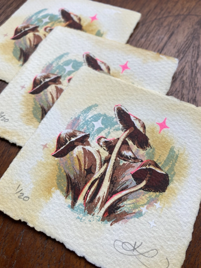 Miniature screenprint and watercolour painting of fungi called the fortune tellers by artist KATH LEONE