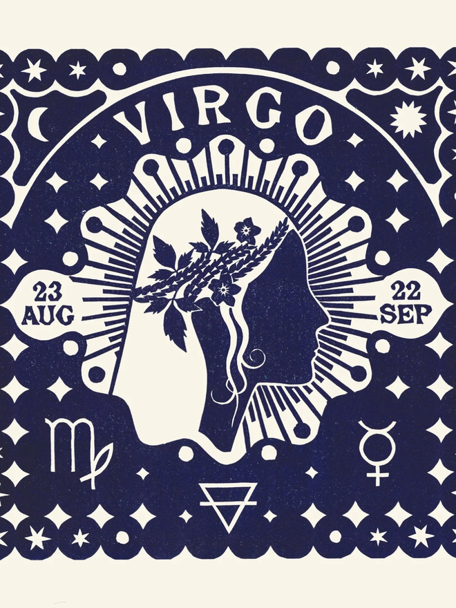 virgo zodiac linocut. a human side profile and zodiac symbols linocut on a blue background.