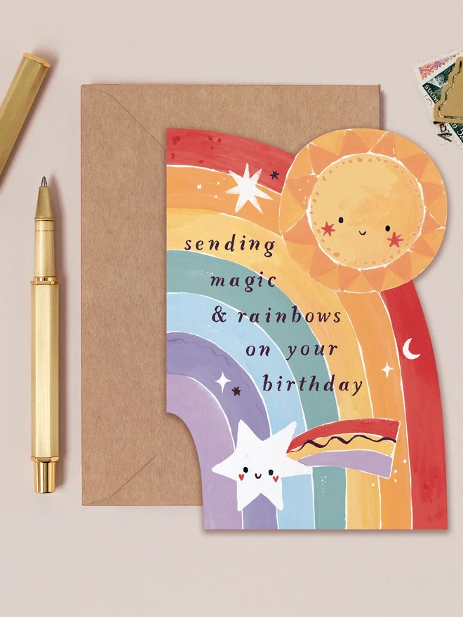 Kids Rainbow Birthday Card by Sister Paper Co with a kraft envelope