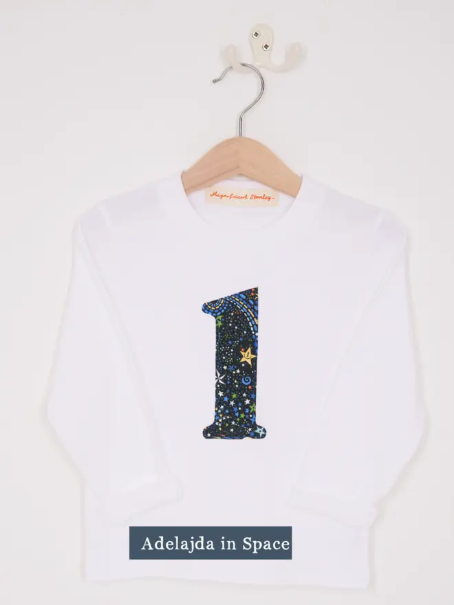 Magnificent Stanley kids 1st birthday Number 1 White T-Shirt in Adelajda in Space Liberty Print