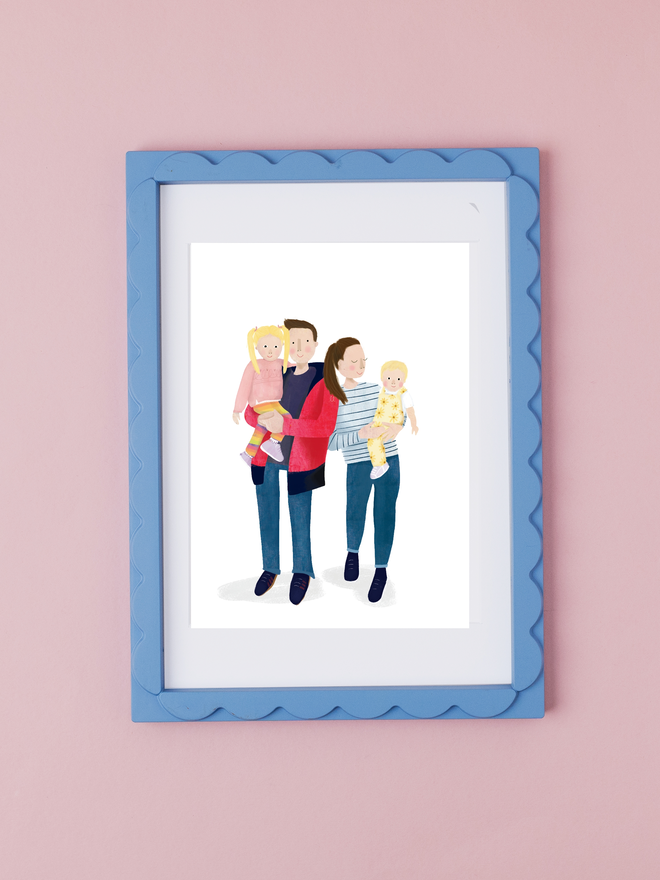 custom illustrated family portrait. portrait of parents holding a baby each.