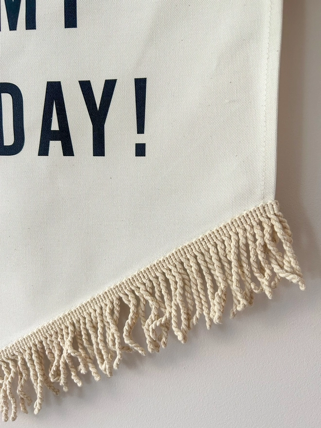 Neutral large printed handmade fabric birthday banner for parties and celebrations