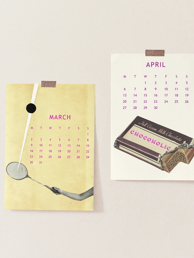 Two pages of a desk calendar attached to a wall with brown washi tape.