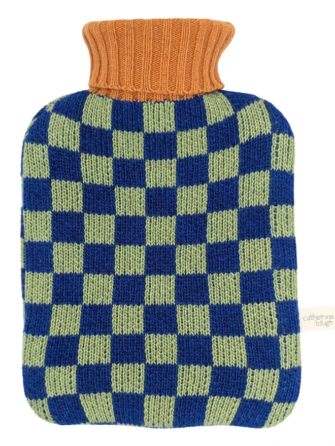 hot water bottle cover with green and blue check pattern, orange rib neck