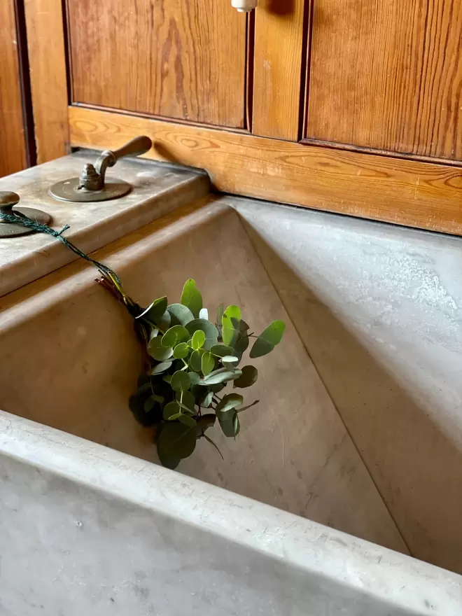 A eucalyptus bundle hangs into an empty deep marble bath, against a background of oak panelling.