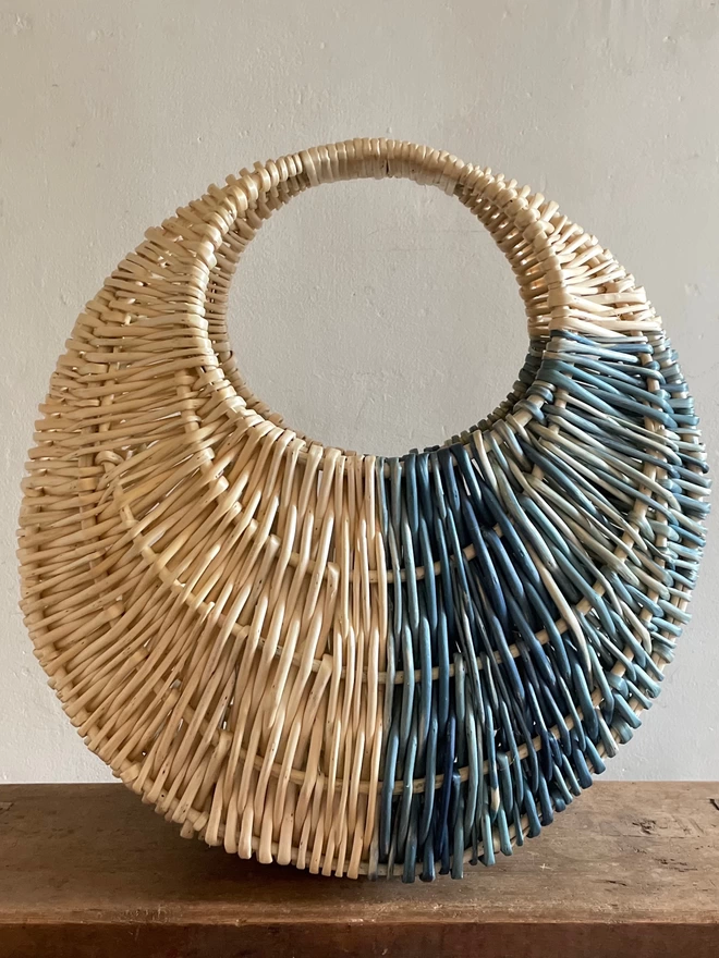 Ose willow basket gathering hen Skye Indigo blue white natural contemporary round oval traditional heritage handbag woven handcrafted
