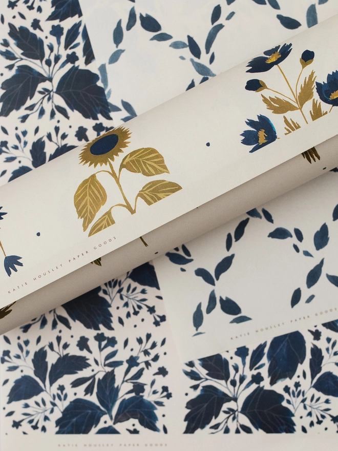 Four Floral Blue Botanical Luxury Gift Wrap (2 Sheets)