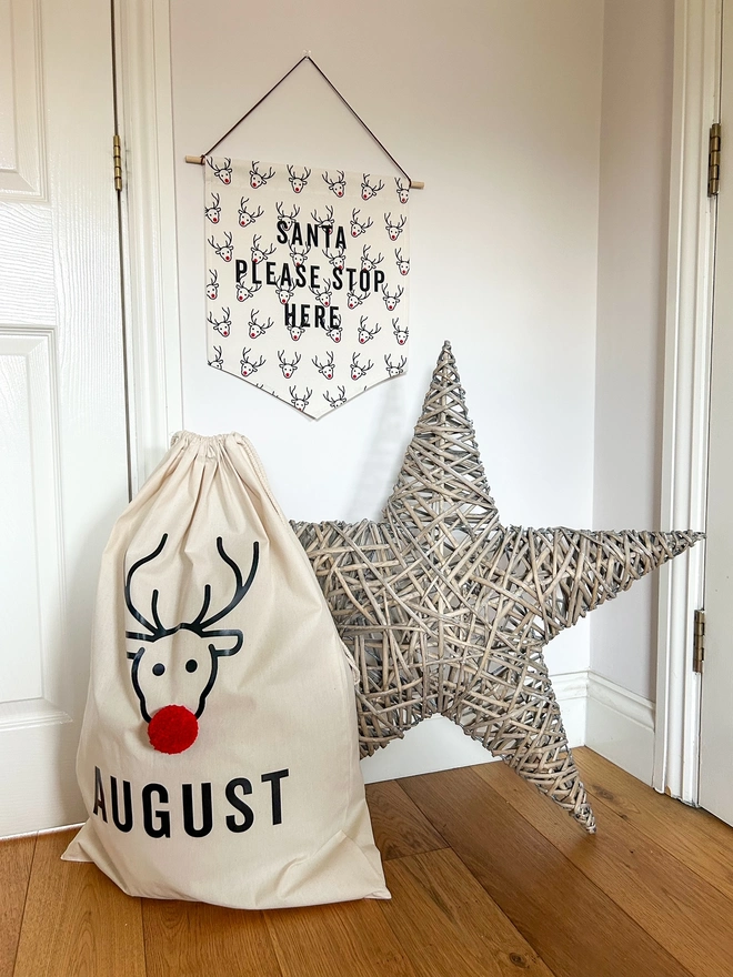 Santa Please Stop Here  Fabric Hanging Banner with Reindeer Dersign