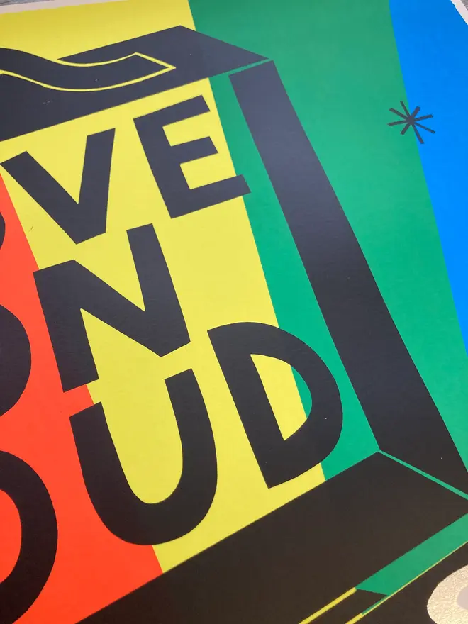 'Love On Loud' Screenprint, a colourful screenprint. The screenprint says 'Love on loud' and is a depicting a record player. 