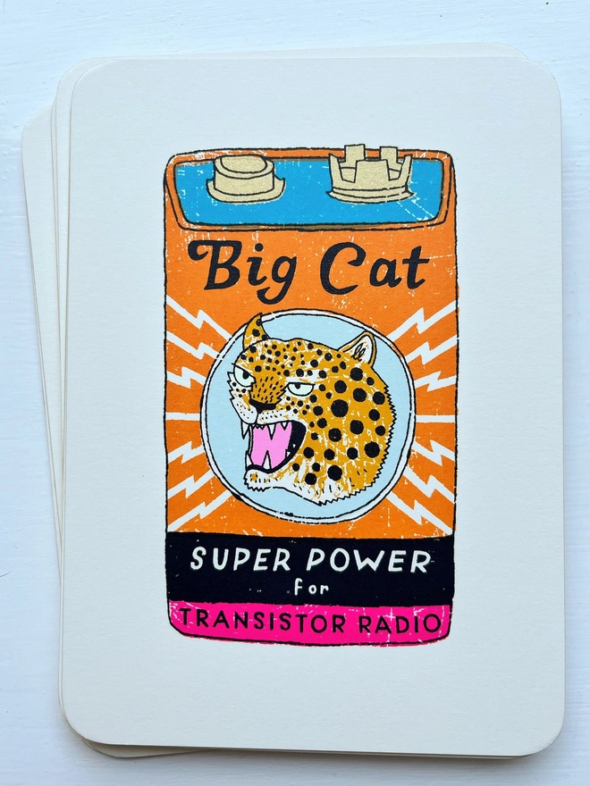 Big Cat Power Battery Screenprint, a colourful cat design against a white card. 