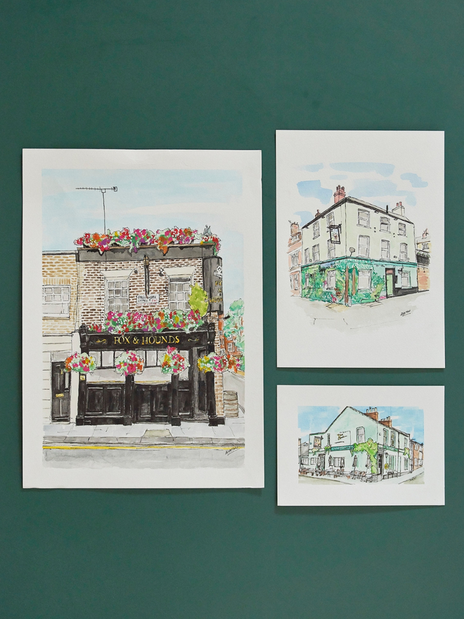 Three watercolour paintings of pubs in different sizes