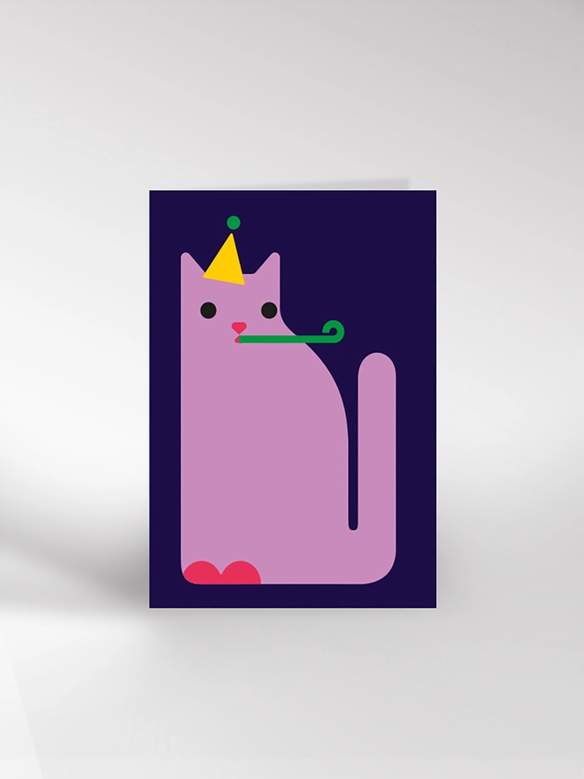 Contemporary illustrated birthday card of a cat wearing a party hat and hooter