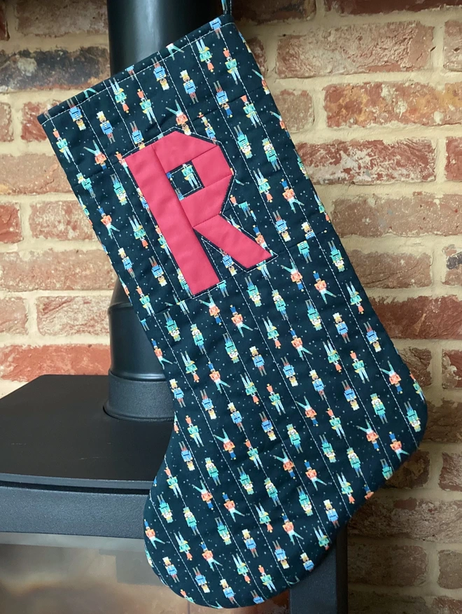 Cooper and Fred Toy Soldiers Quilted Personalised Christmas Stocking with Brick Red Letter