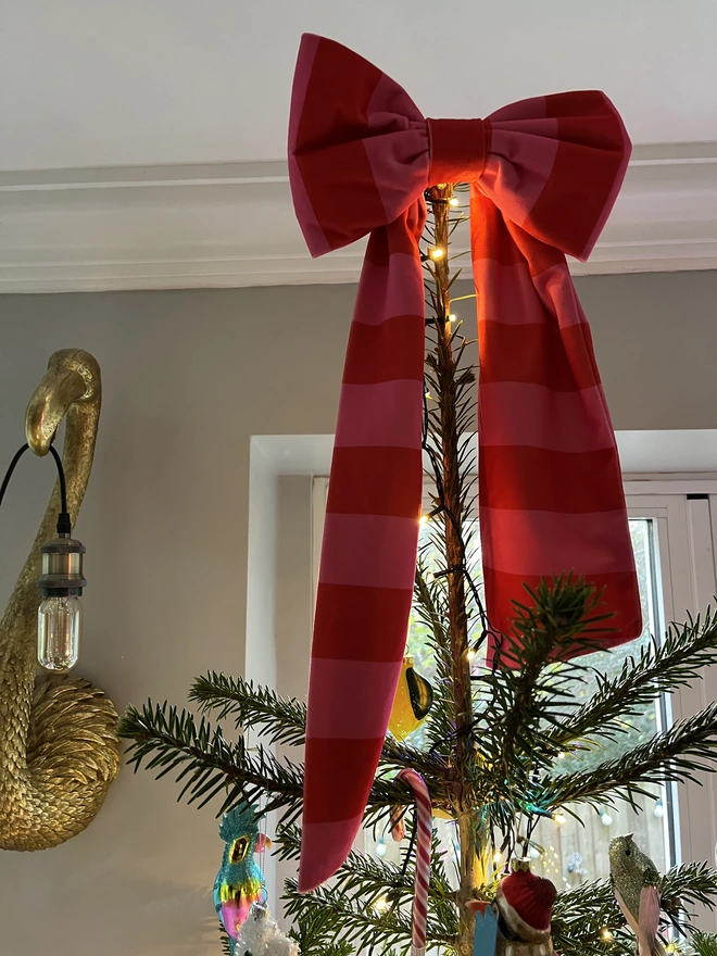 mini velvet pink and red stripe bow