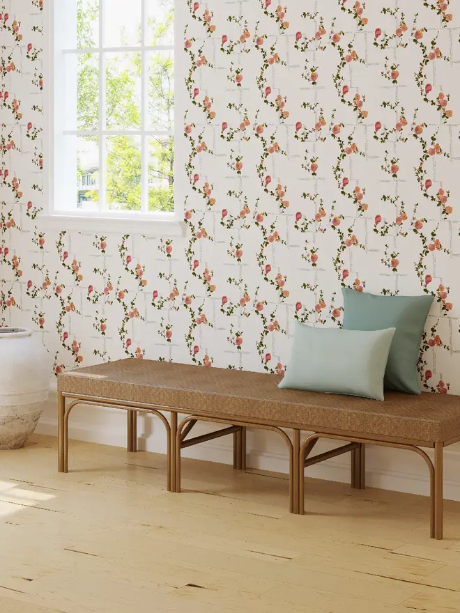 Coco Wallpaper, a living room with a decorated floral wallpaper. 
