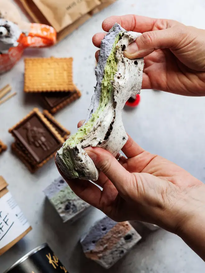 The Mallow Makers close up of mint monster marshmallow being pulled apart