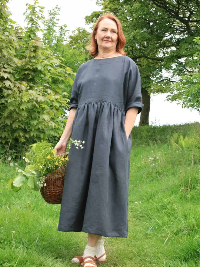 Helen gathered Irish linen dress in faded black colour