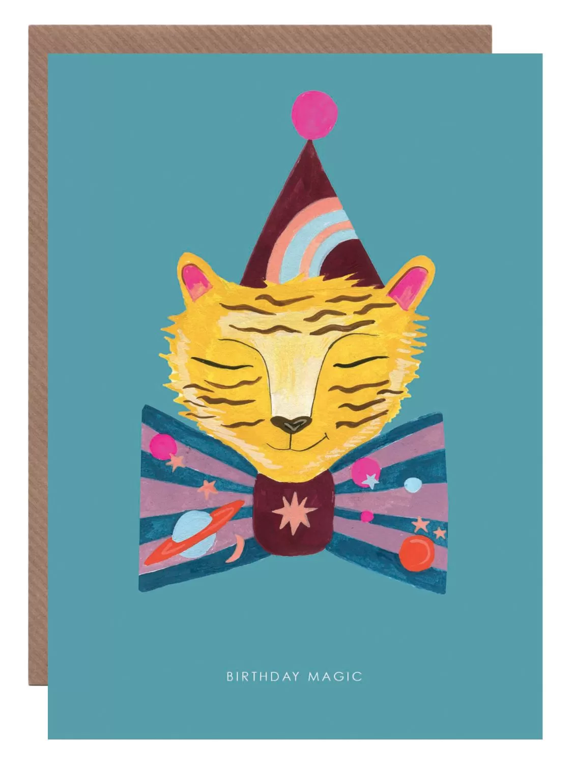Magic tiger birthday card seen with a brown envelope.