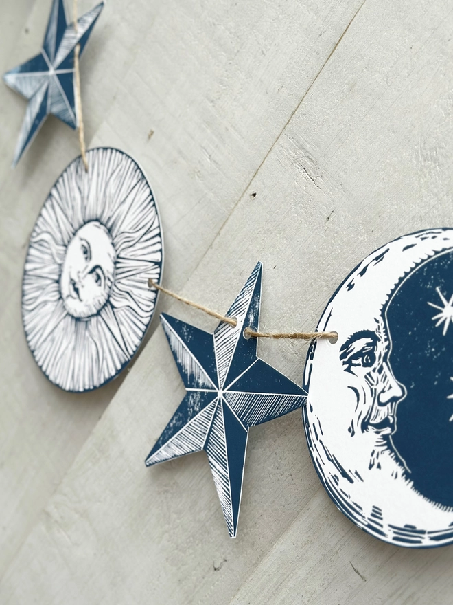 Mystical Moon, Stars & Sun Hand Printed Linocut Garland