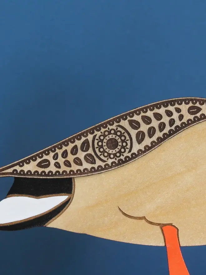 Standing Wooden Mallard Duck, wooden bird decoration standing on a platform. 