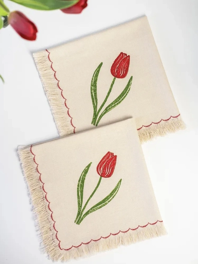 Block Printed Fringed Napkins Tulips (Set Of 2)