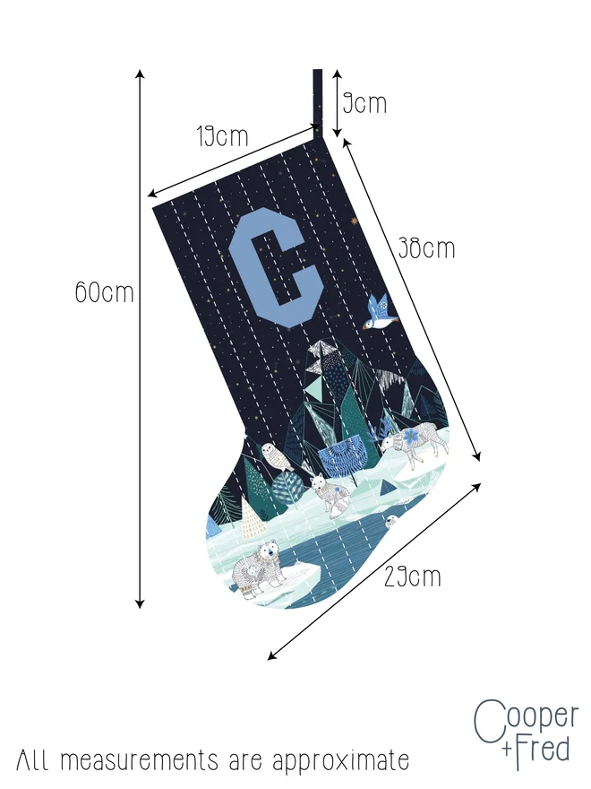 Cooper and Fred Personalised Quilted Christmas Stocking in Arctic Scene Border Print measurements