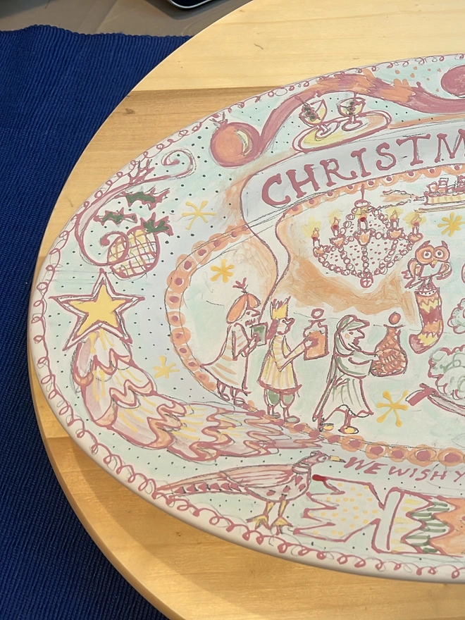 Christmas plate before firing in the kiln. hand-painted with love. Special occasion plate. 