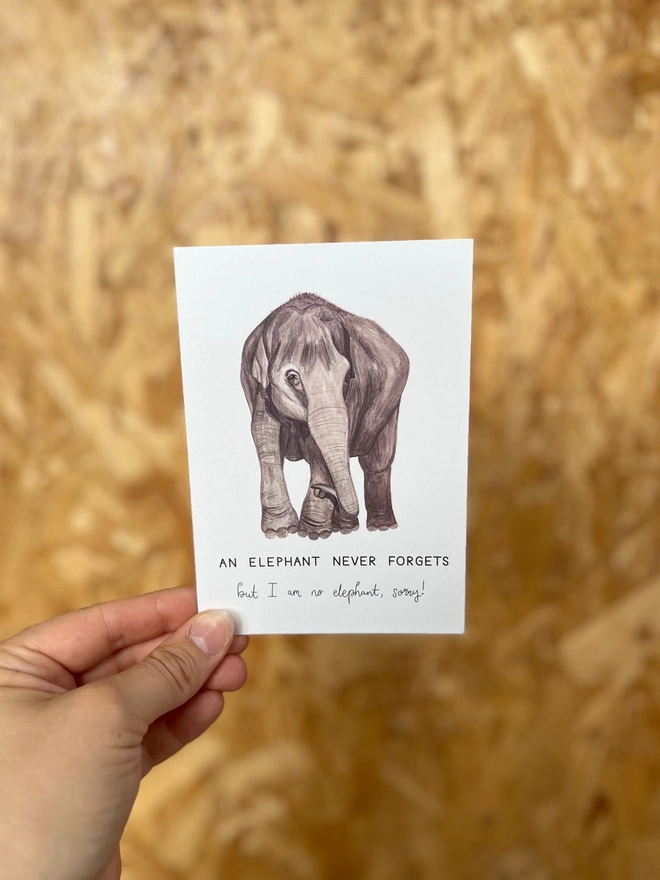 a greetings card featuring an illustrated elephant with the phrase “an elephant never forgets but I am no elephant - sorry”