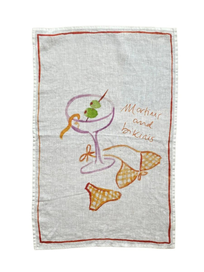 martinis and bikinis print linen tea towel