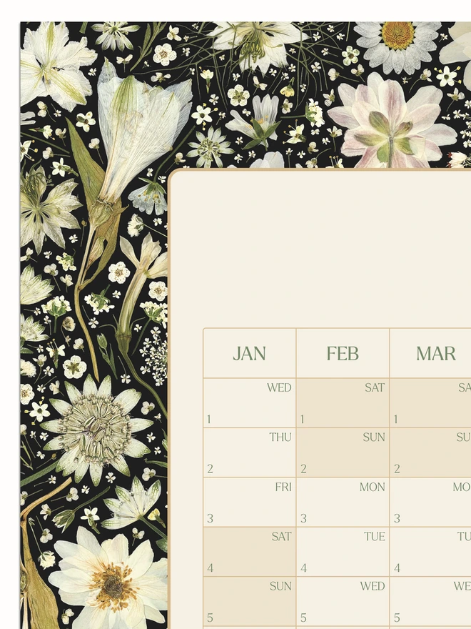 Close-up of 2025 Botanical Wall Planner – Detailed view of the floral design featuring pressed white flowers, bringing nature indoors. Perfect annual planner for organising, scheduling, and gifting to plant and garden lovers.