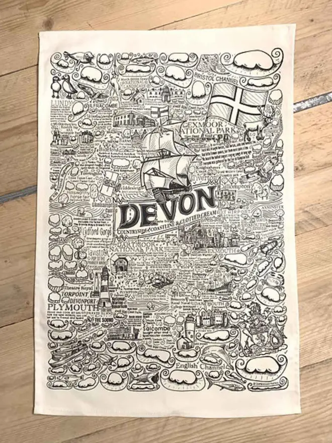 Devon Print Tea Towel Flat