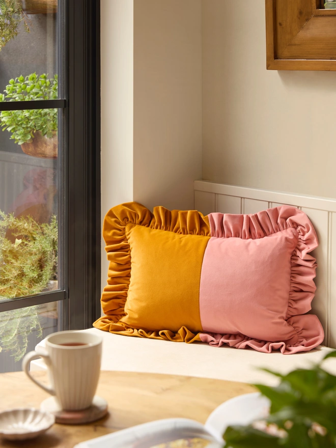 Handmade Tutti Frutti two-tone turmeric and coral ruffled velvet lumbar cushion 50x35cm, Kika Bespoke