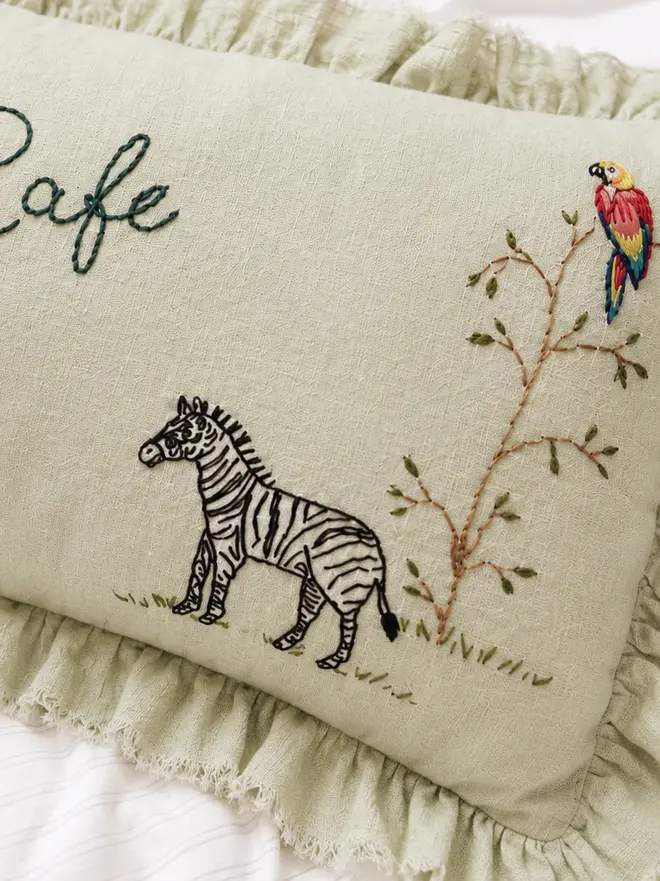 Boys room - safari hand embroidered cushion zebra giraffe parrot blossom and bramble embroidery handmade baby gift