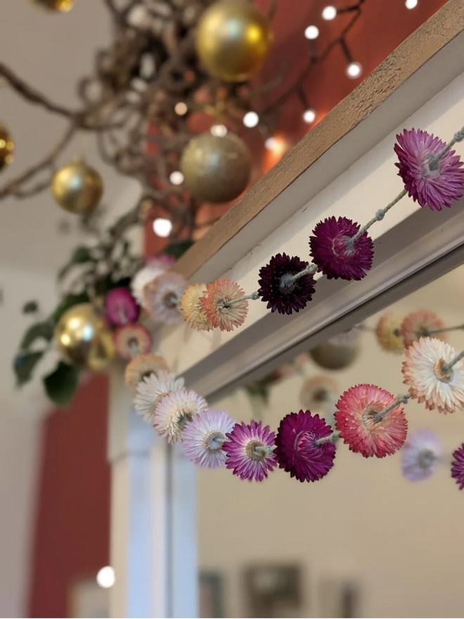 rainbow dried flower garland. yellow, pink and orange dried flower garland hung on top of mirror with christmas decorations.
