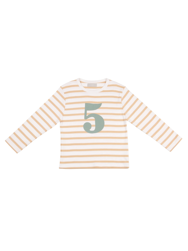 Biscuit & White Breton Striped Number 5 T Shirt (Green)