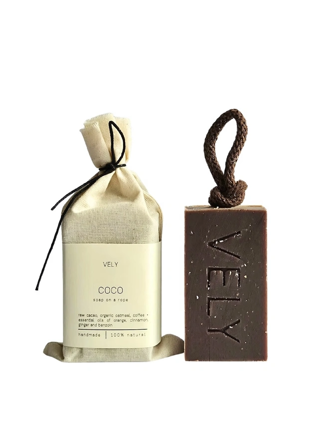 Soap On A Rope "COCO" With Coffee And Raw Cacao